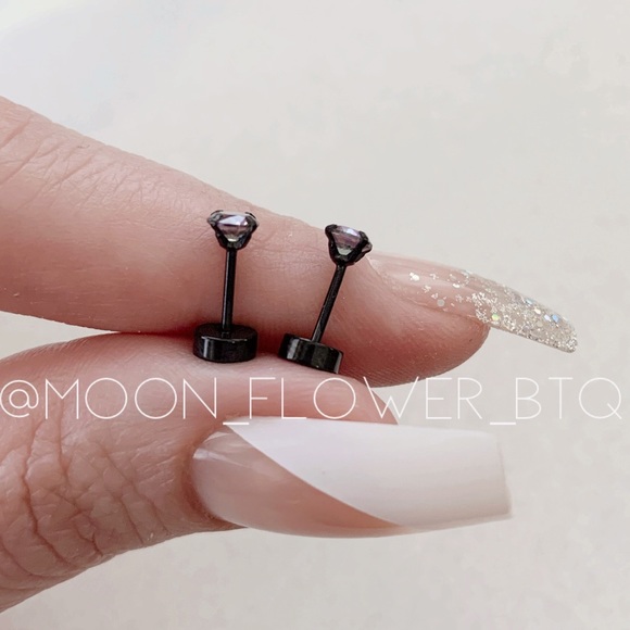 Tiny Black Rainbow CZ Flat Back Earrings • Stainless Steel Hypoallergenic Studs - Picture 4 of 6